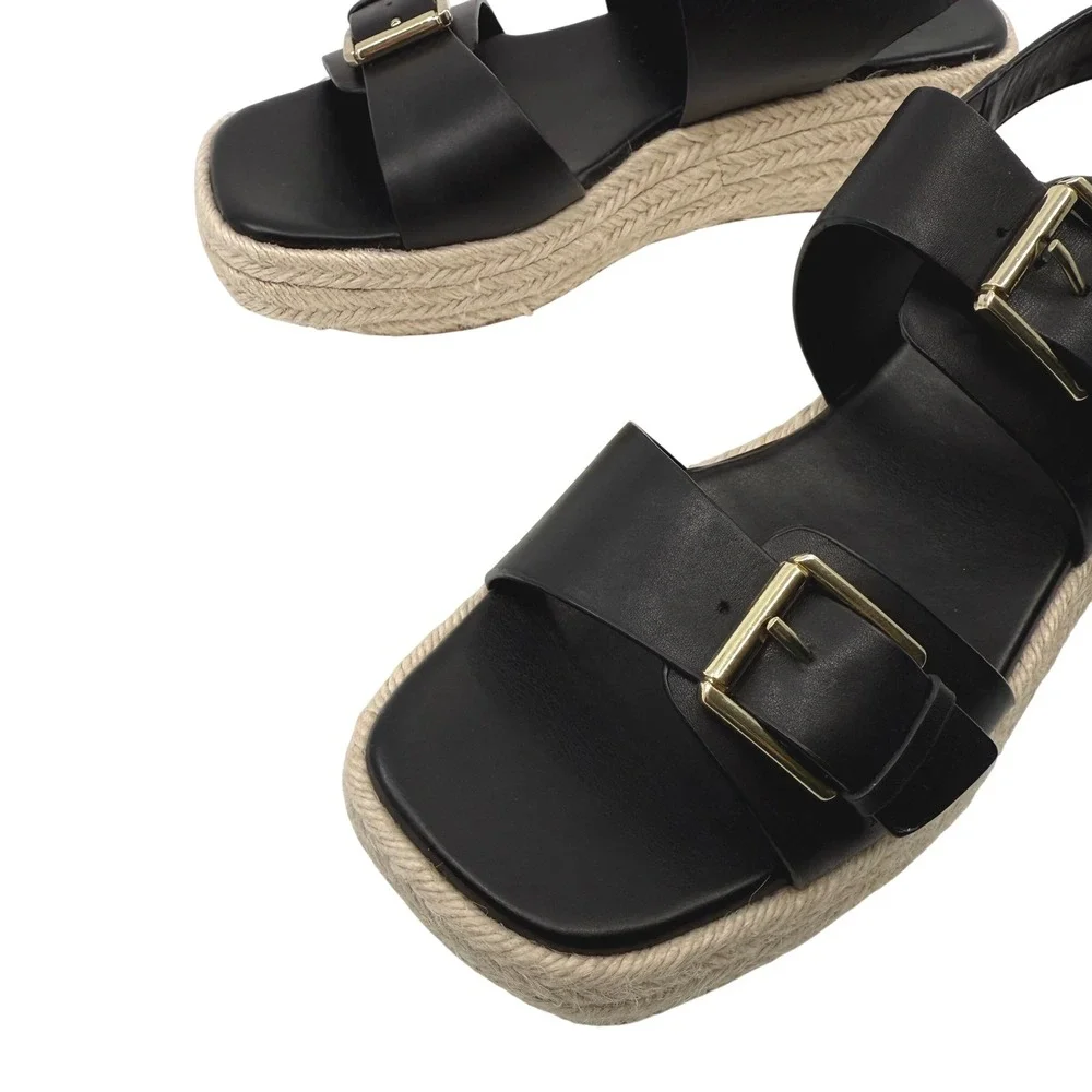 NEW Nordstrom‎ AVILA Espadrille Sandals Black Leather Platform WOMEN 10 BUCKLE